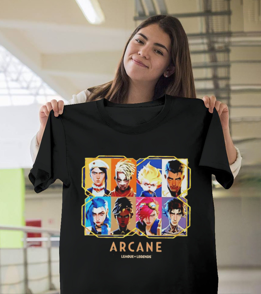 Arcane League Of Legends Jinx Vi Piltover Zaun Hextech Characters Gold Frame 2026 T-Shirt