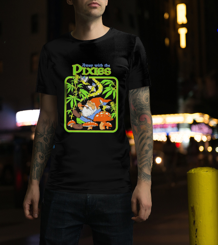Away With The Pixies Gnome Smoking Cannabis Mushroom Fantasy Scene T-Shirt