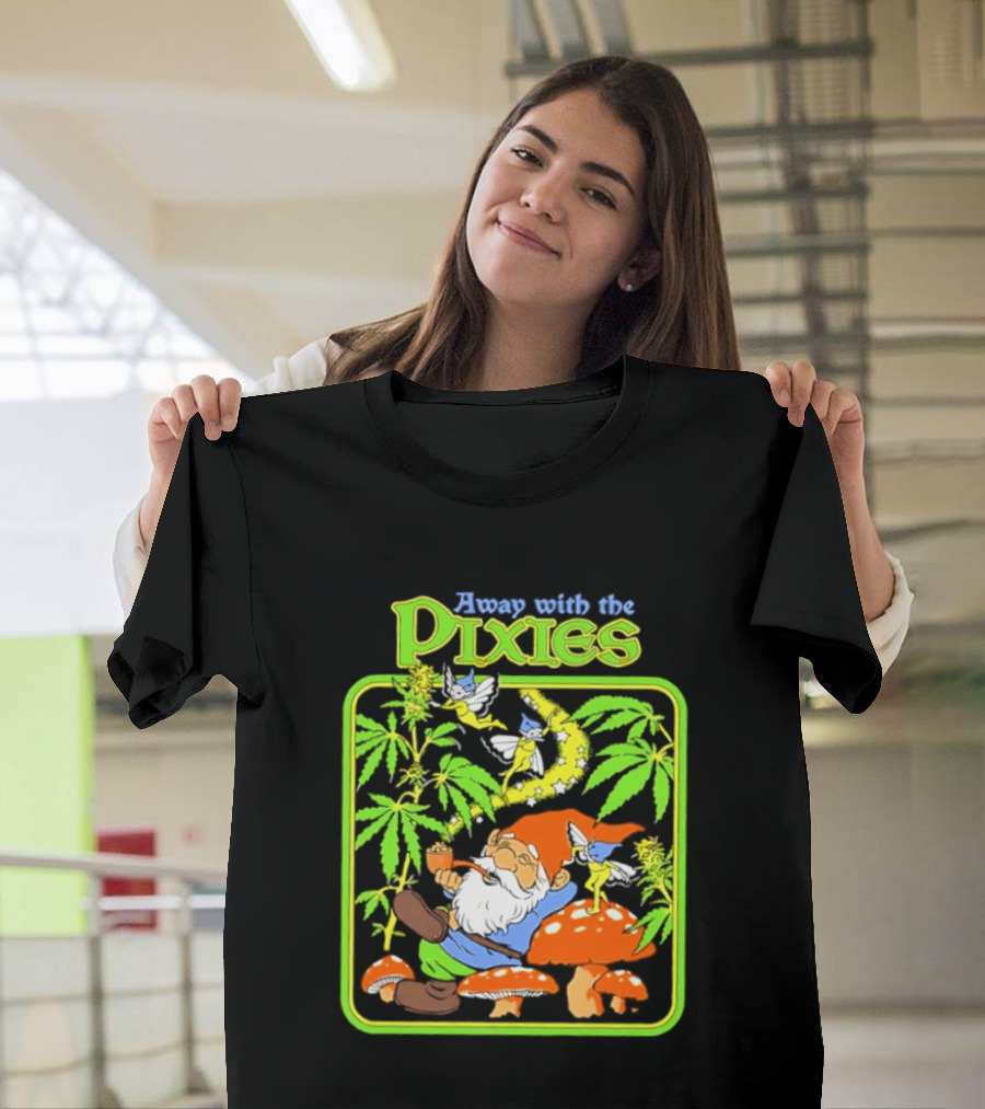 Away With The Pixies Gnome Smoking Cannabis Mushroom Fantasy Scene T-Shirt