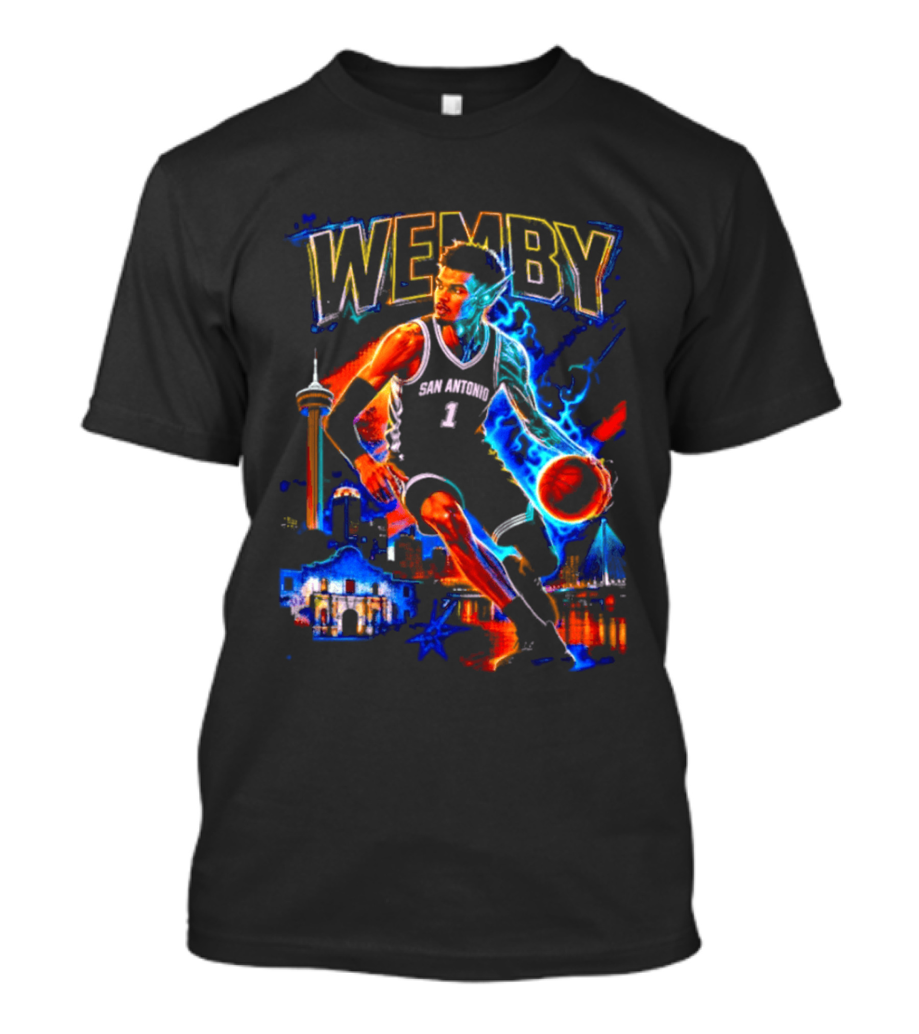 Wemby San Antonio Spurs Basketball Player Half Alien City Skyline T-Shirt