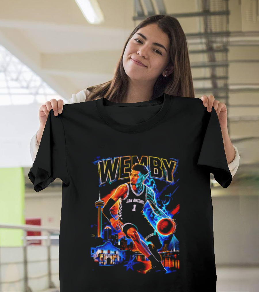 Wemby San Antonio Spurs Basketball Player Half Alien City Skyline T-Shirt