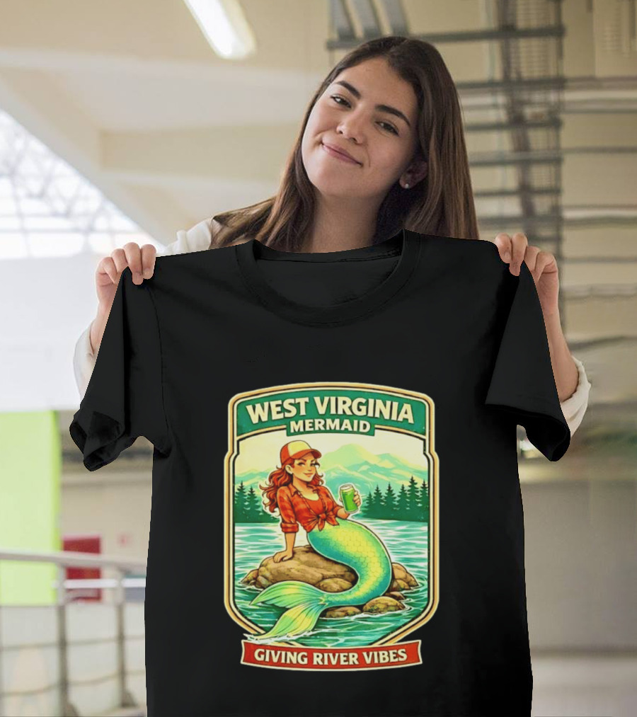 West Virginia Mermaid Giving River Vibes Green Tail Red Hat T-Shirt