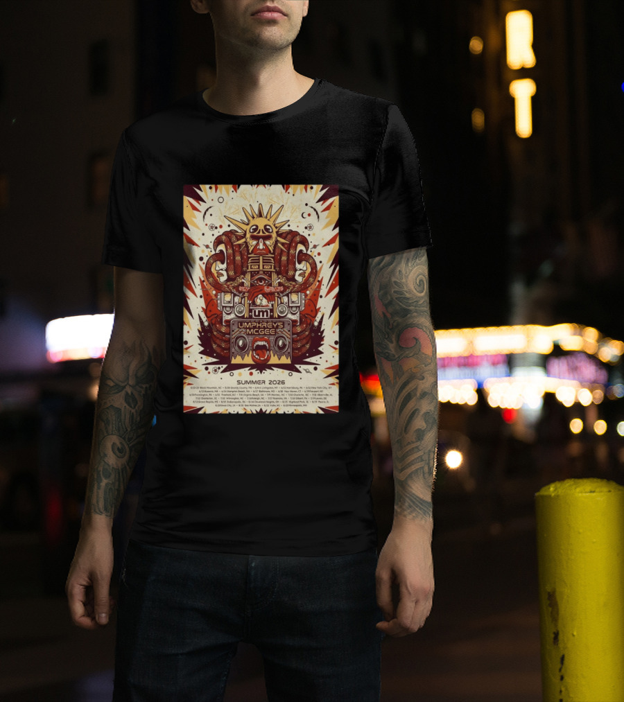 Umphrey's McGee Summer 2026 Tour Dates With Unique Symbolic Artwork And Sun Motif T-Shirt