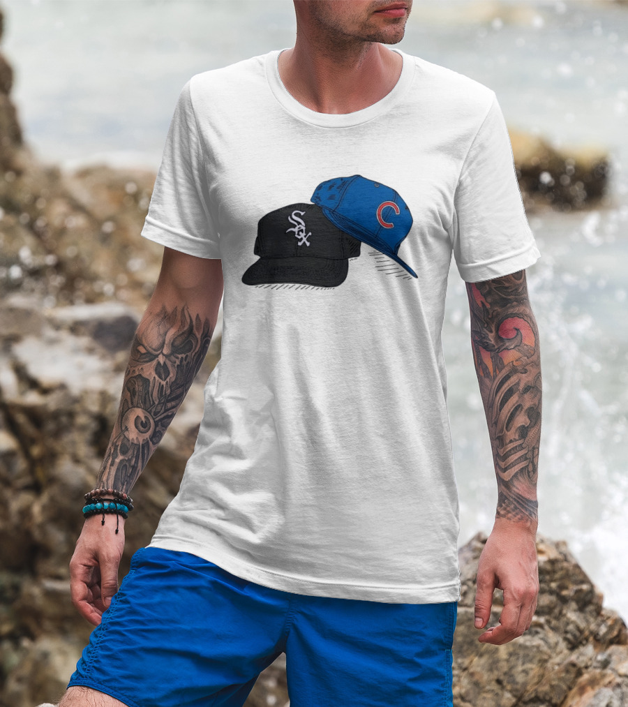 Chicago White Sox Black Hat And Chicago Cubs Blue Cap Baseball Fan Collection T-Shirt