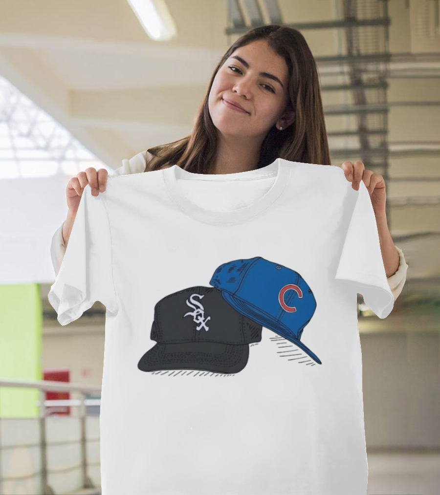Chicago White Sox Black Hat And Chicago Cubs Blue Cap Baseball Fan Collection T-Shirt