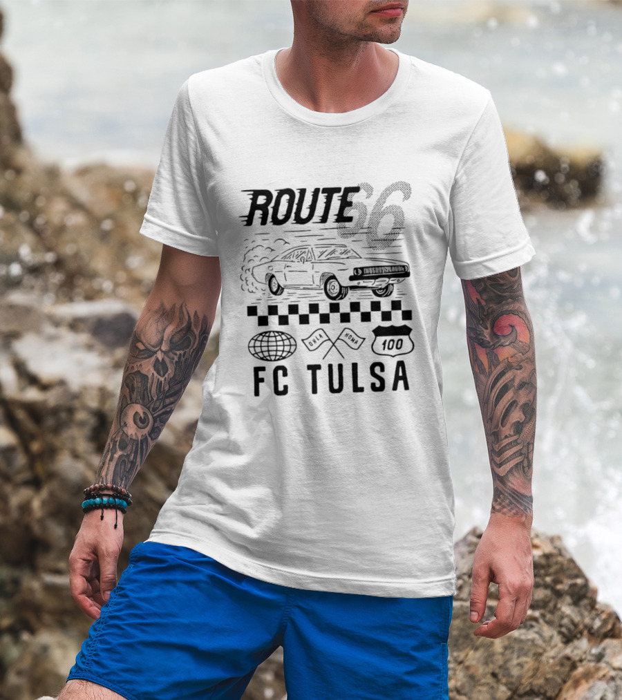 FC Tulsa Route 66 Oklahoma Soccer Car 100 Racing Flags T-Shirt