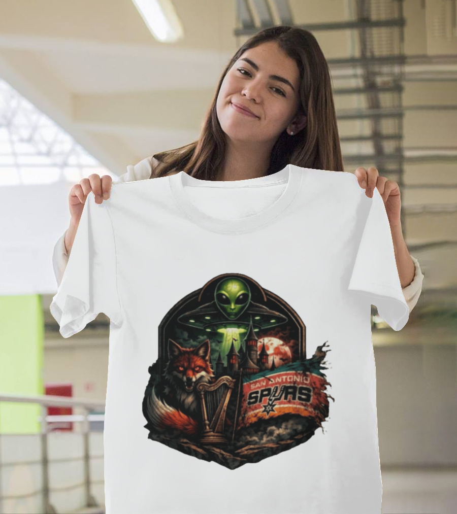 San Antonio Spurs UFO Alien Fox Harp Castle Moon Flag T-Shirt