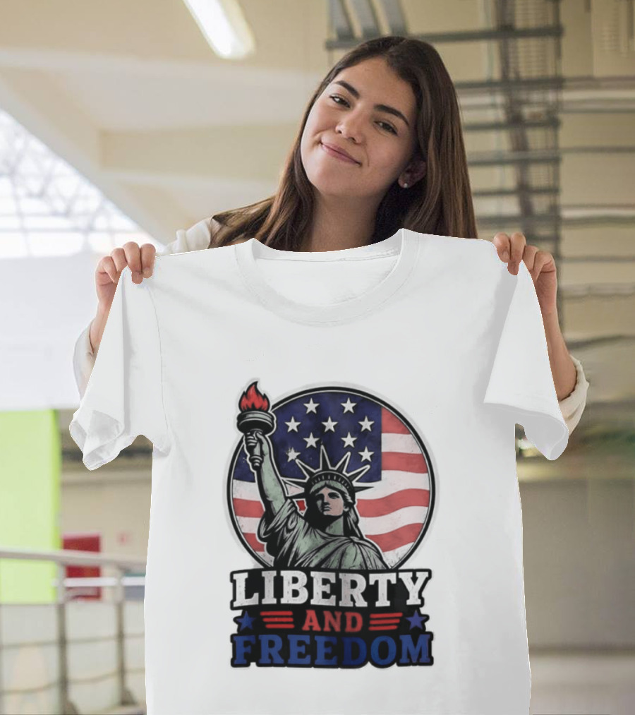 Liberty And Freedom Statue Of Liberty USA Flag Stars T-Shirt