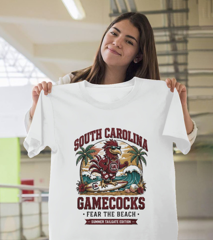 South Carolina Gamecocks Fear The Beach Summer Tailgate Edition Surfing Chicken Palm Trees Wave T-Shirt