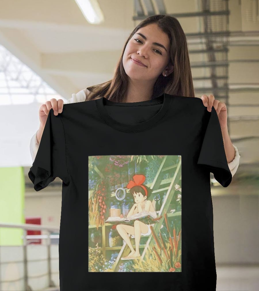 Kiki's Delivery Service Magic Book Cat And Botanical Greenhouse Scene T-Shirt