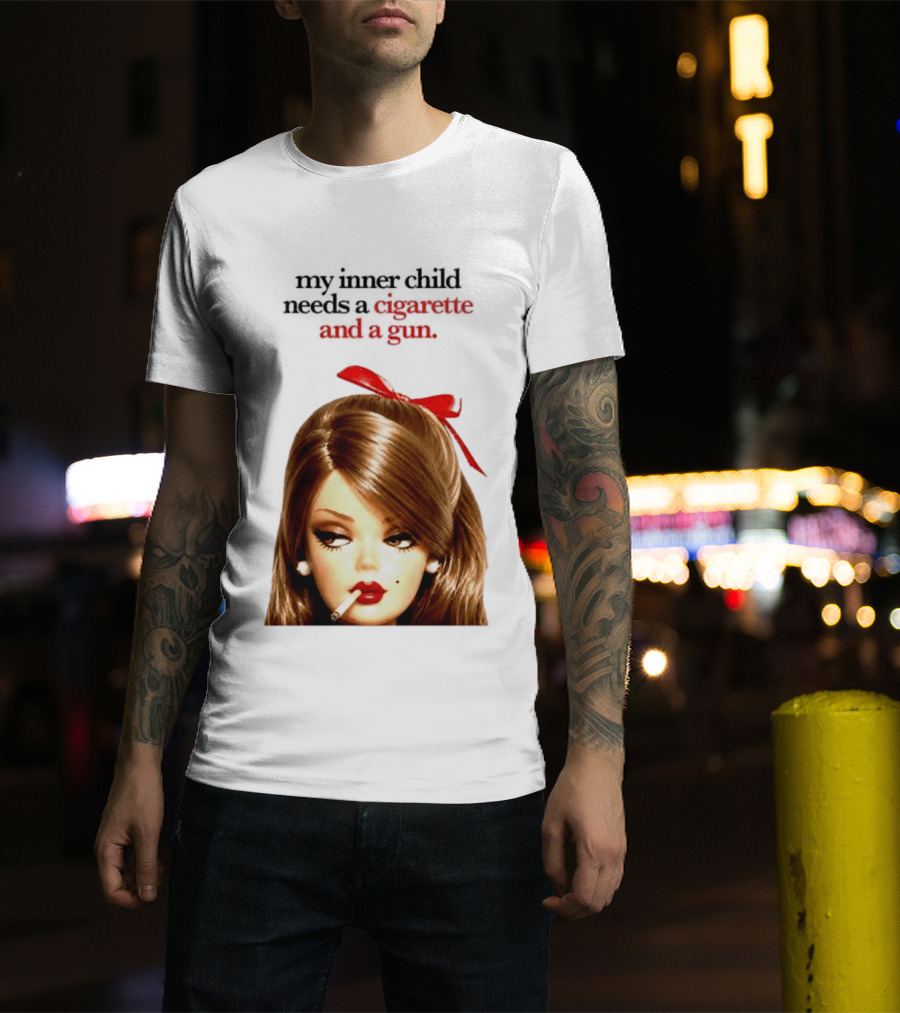 My Inner Child Needs A Cigarette And A Gun Doll Face Red Bow T-Shirt