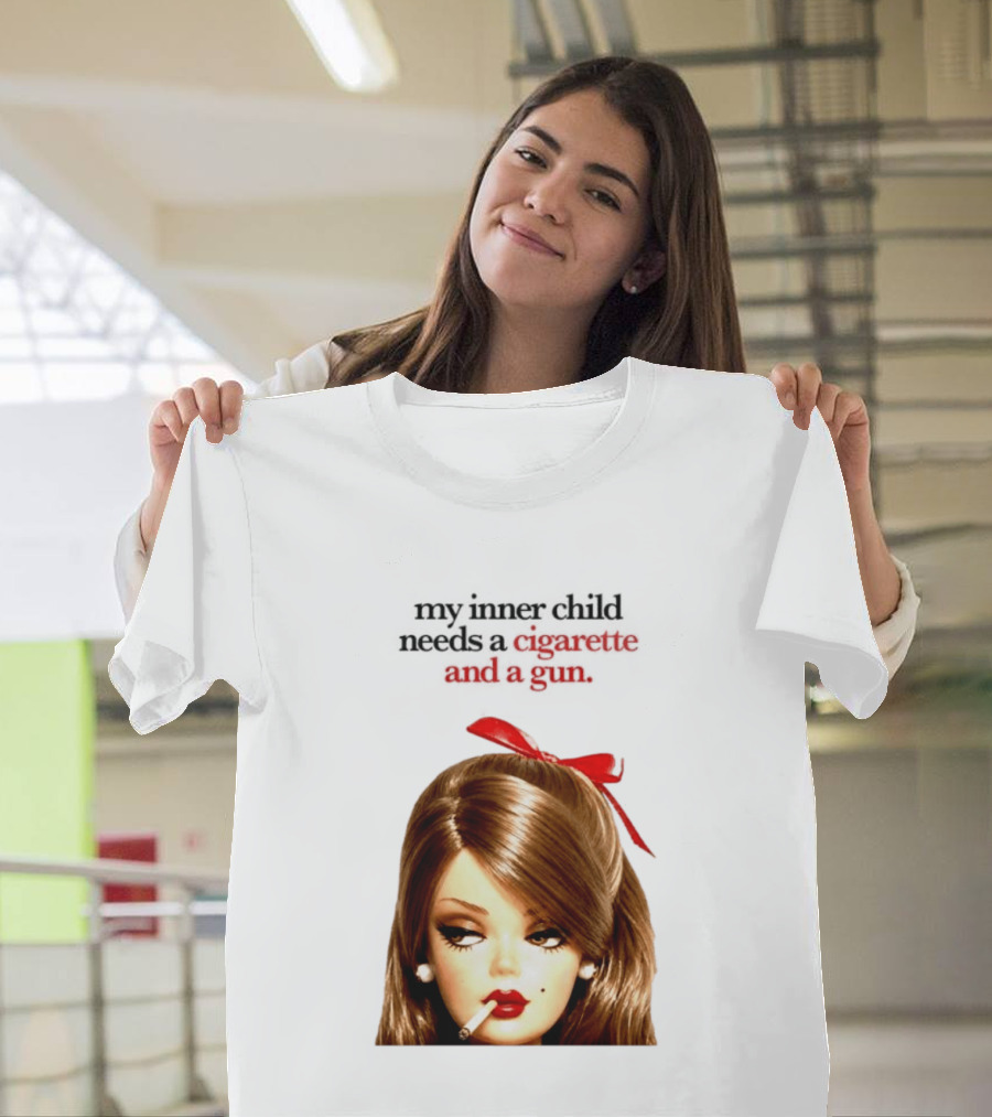 My Inner Child Needs A Cigarette And A Gun Doll Face Red Bow T-Shirt