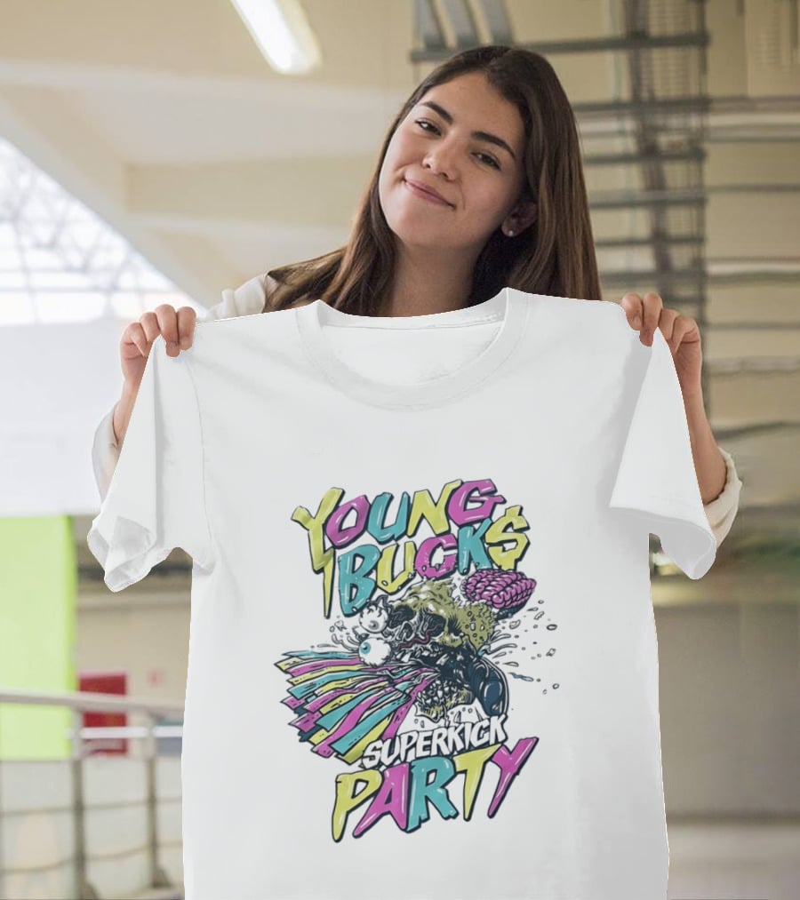 Young Bucks Superkick Party Skull Brain Eyeballs Colorful Explosion T-Shirt