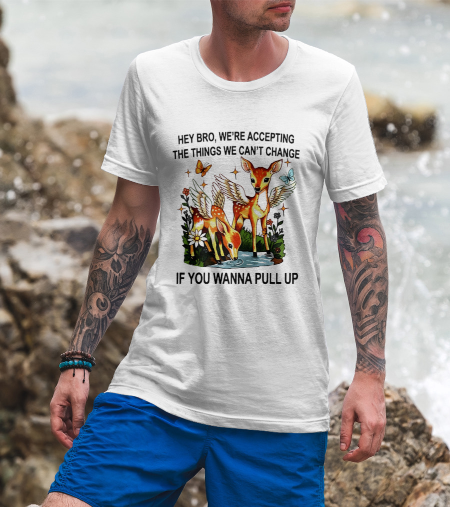 Hey Bro We're Accepting The Things We Can't Change If You Wanna Pull Up Deer Wings Butterflies T-Shirt