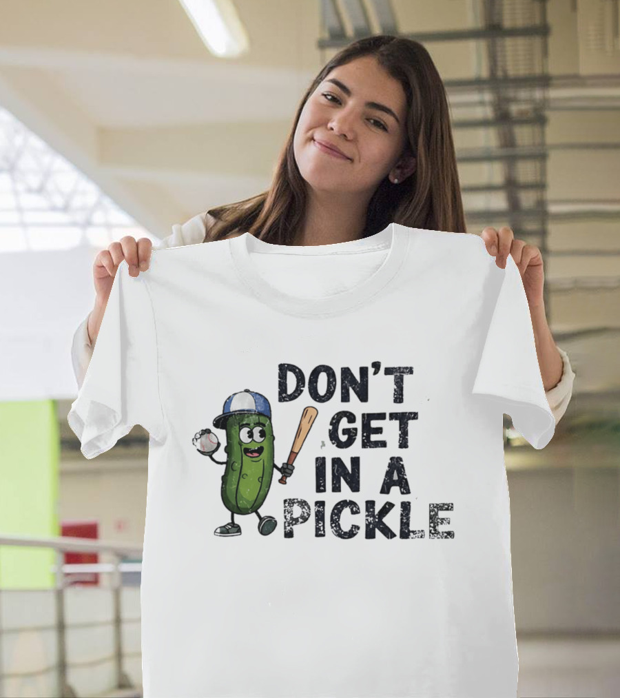 Don't Get In A Pickle Baseball Pun With Pickle Character Holding Bat And Ball T-Shirt
