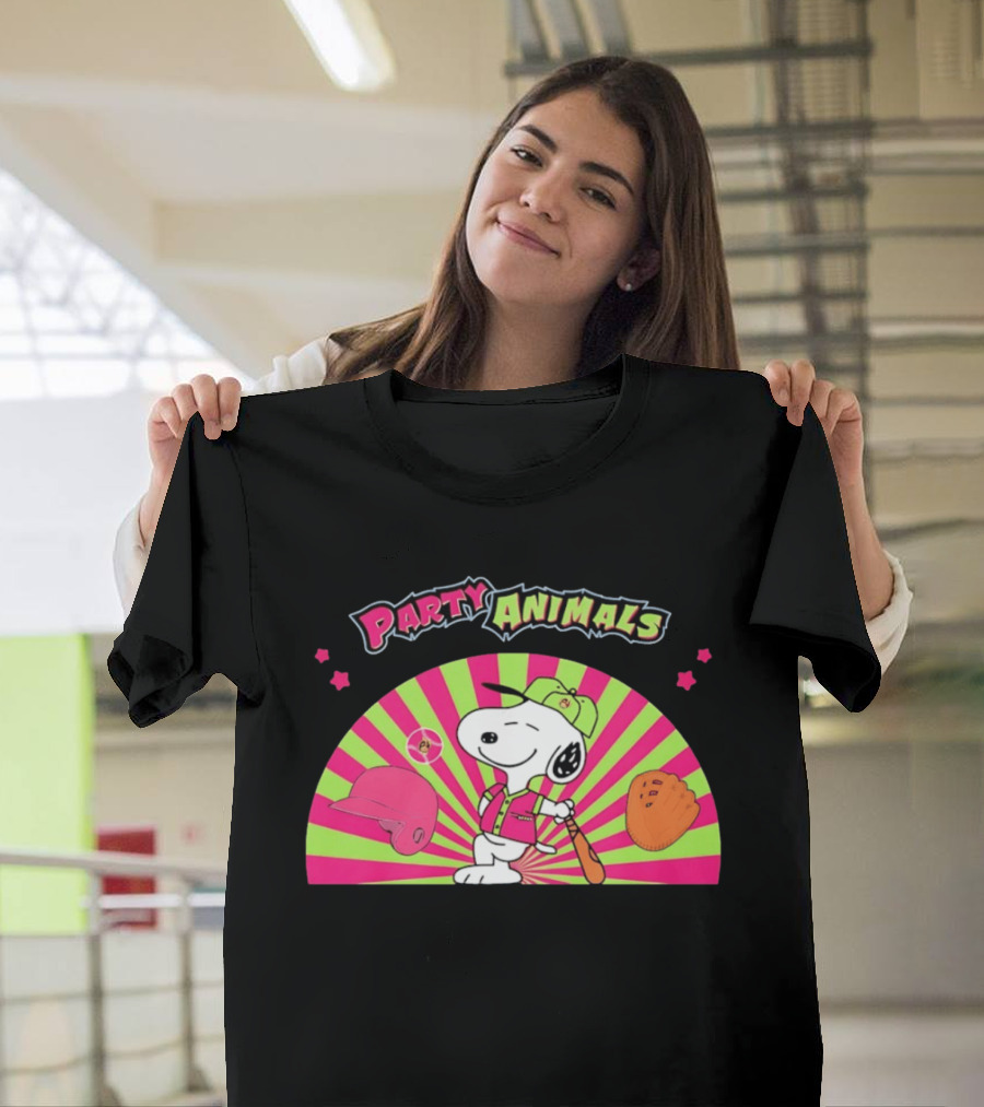 Snoopy Party Animals Baseball Glove Bat Cap Neon Stars T-Shirt