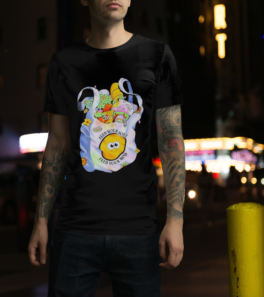 Feed Your Soul Feed Your Mind Bag With Groceries And Cartoon Face T-Shirt