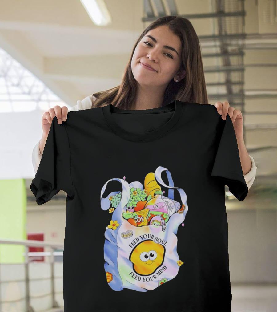 Feed Your Soul Feed Your Mind Bag With Groceries And Cartoon Face T-Shirt