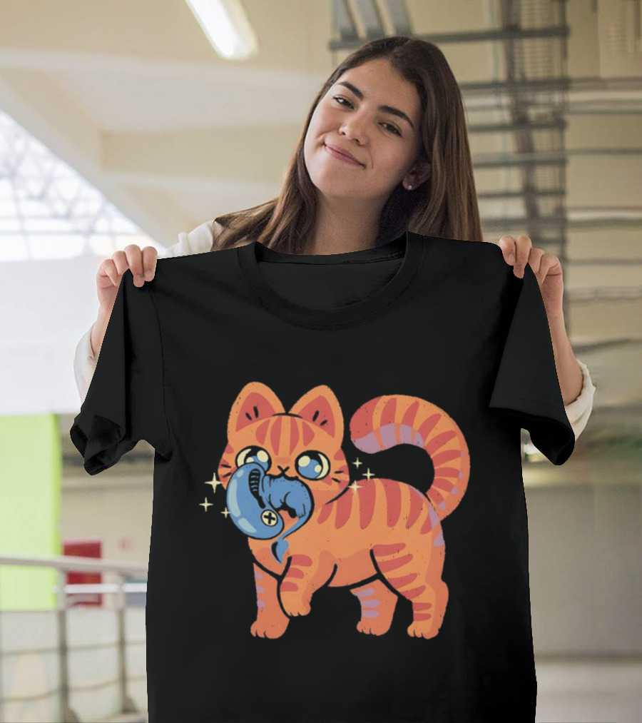 Orange Tabby Cat With Sparkles And Blue Alien Creature T-Shirt