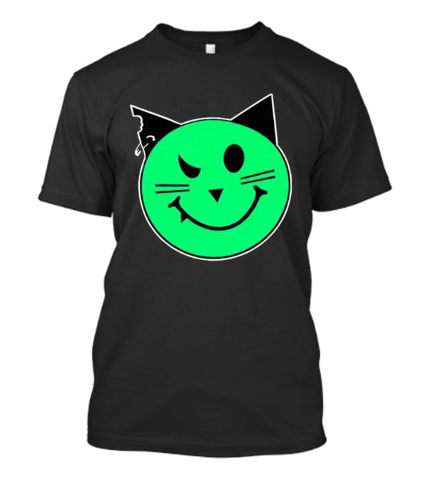 Taliesin Wearing MeowMeowz Smiling Cat Face With Green Circle Black Ears Whiskers T-Shirt