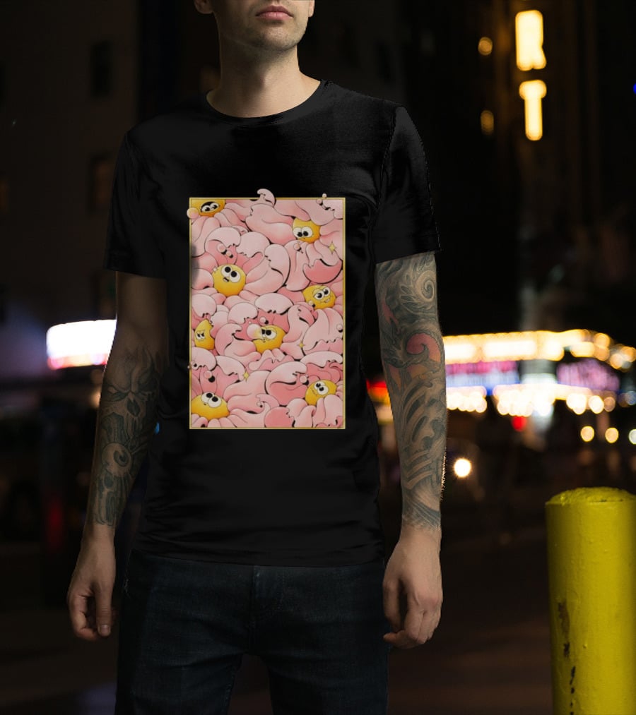 Many Yellow Round Characters With Large Eyes In Pink Flowing Cascades T-Shirt
