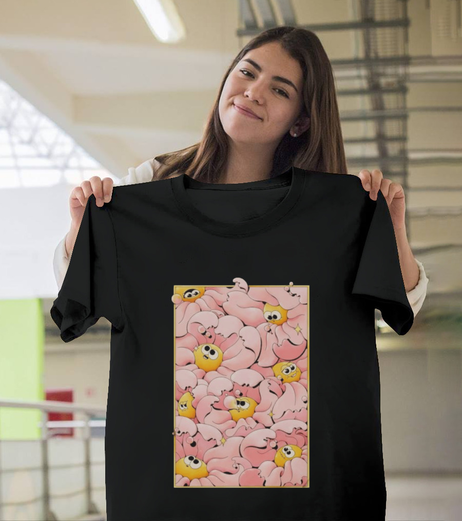 Many Yellow Round Characters With Large Eyes In Pink Flowing Cascades T-Shirt