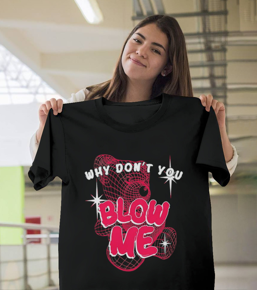 Why Don't You Blow Me Pink Wireframe Teddy Bear Bold Red Text Sparkling Star Accents T-Shirt