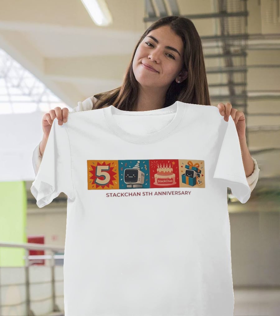 StackChan 5th Anniversary Celebration Cake Gift Box With Party Hat And Confetti T-Shirt
