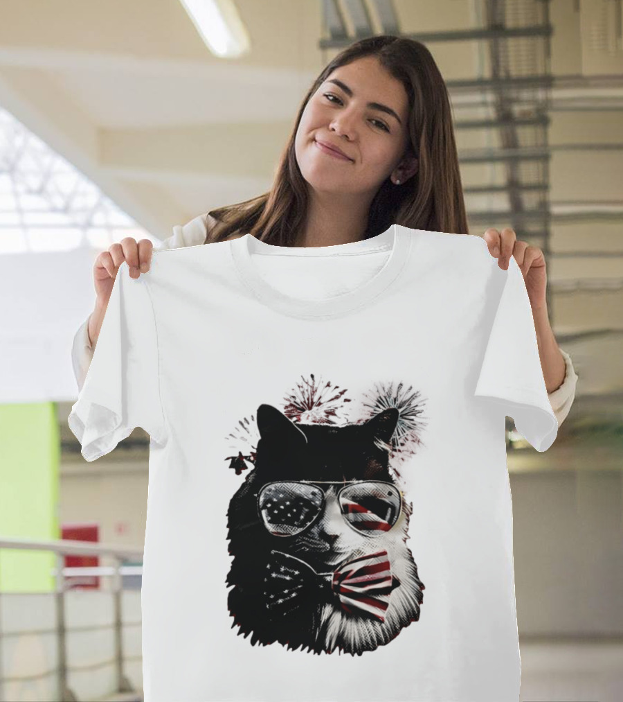 American Flag Cat Sunglasses And Bowtie Fireworks Independence Day T-Shirt
