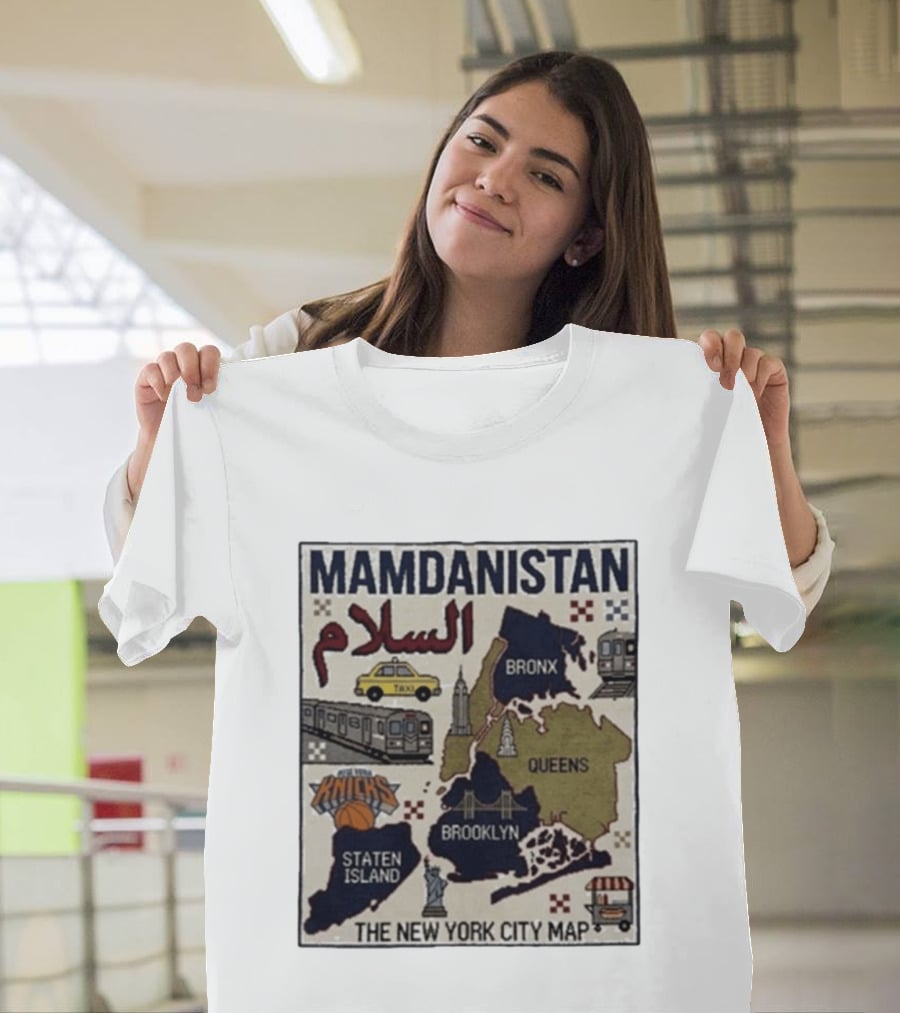 Mamdanistan Peace NYC Map Featuring Knicks Bronx Brooklyn Queens Staten Island Taxi Subway T-Shirt