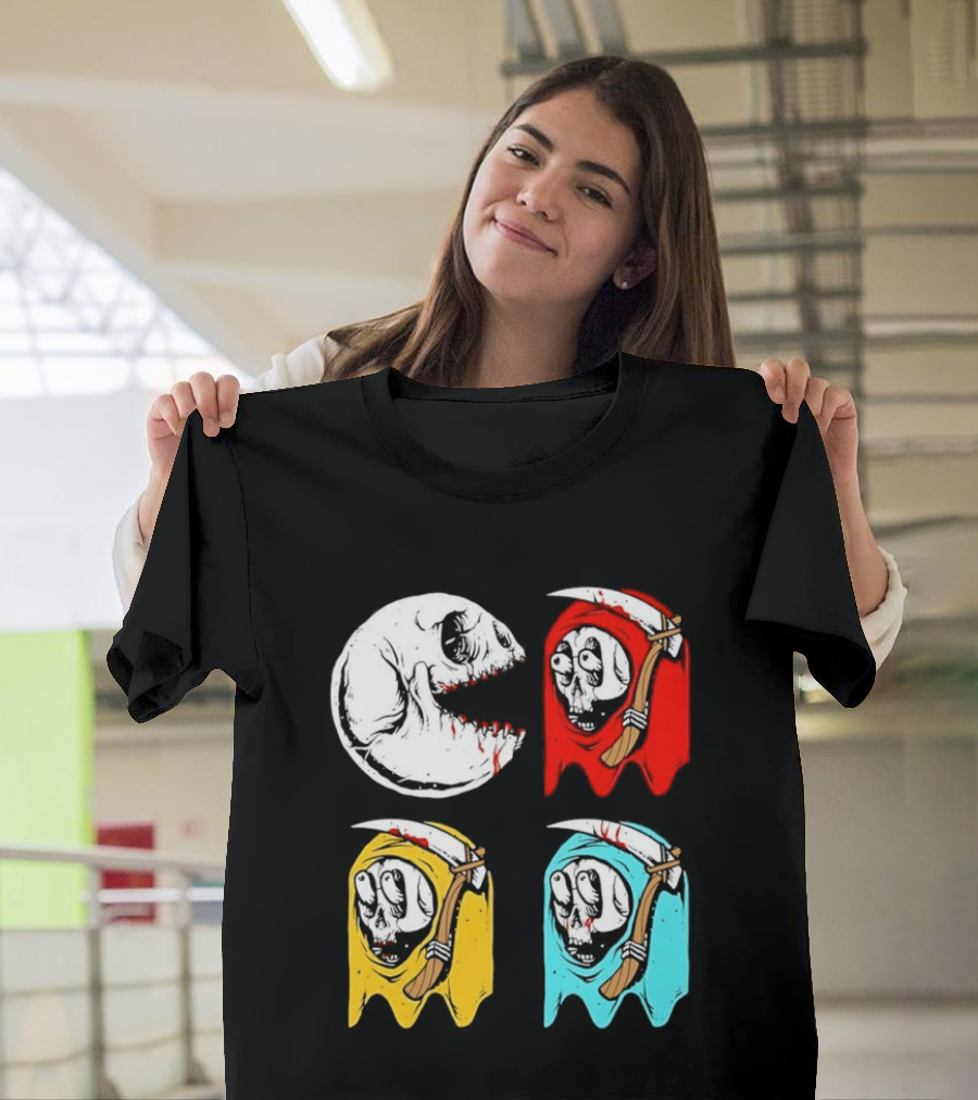 Pac Man Skeleton Skull Ghost Grim Reaper Red Yellow Blue T-Shirt