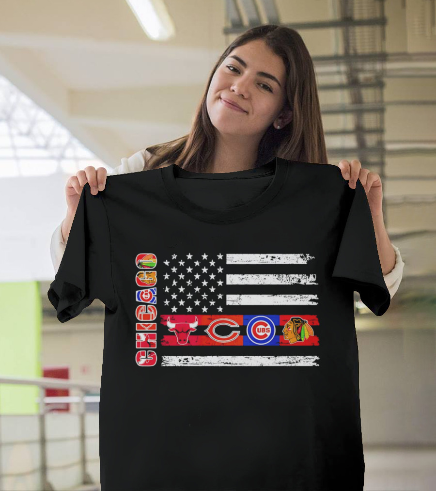 Chicago Bulls Bears Cubs Blackhawks American Flag T-Shirt