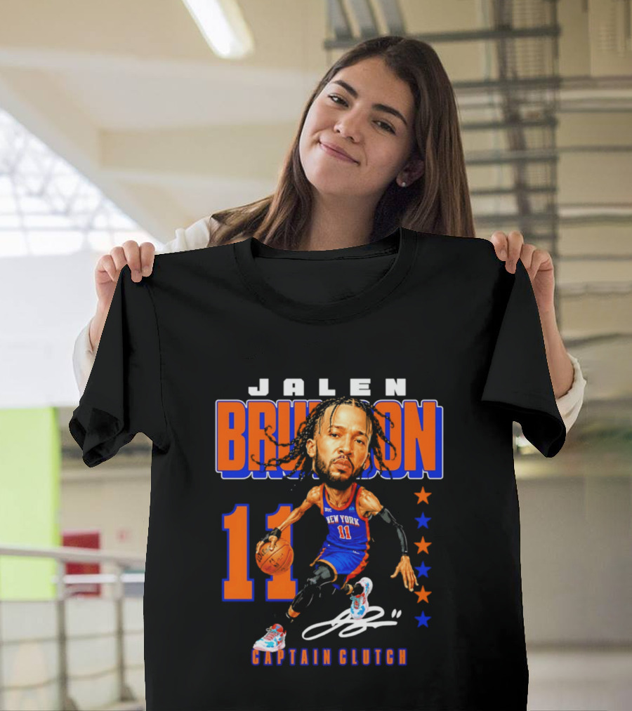 Jalen Brunson New York 11 Captain Clutch Caricature T-Shirt