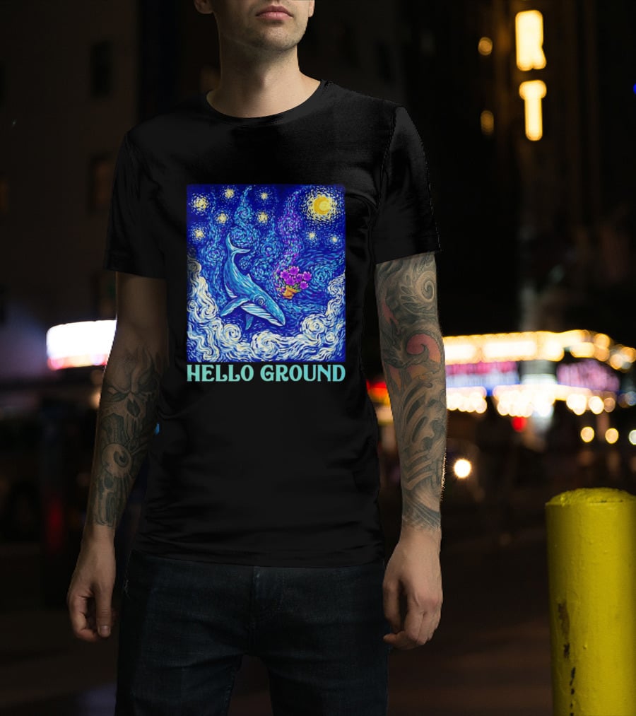 Hello Ground Whale Floating In Starry Night Van Gogh T-Shirt