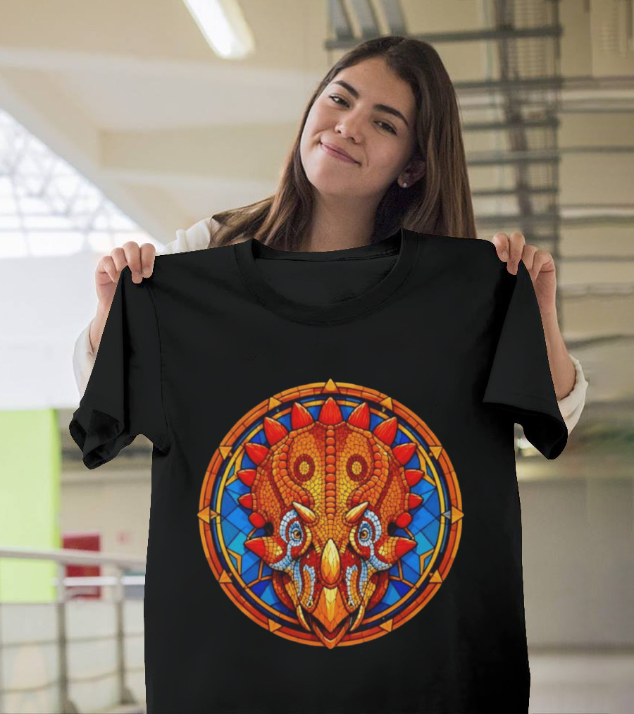 Triceratops Dinosaur Head Stained Glass Circle T-Shirt