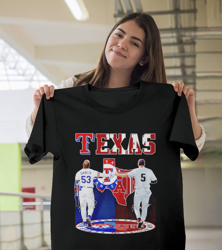 Texas Rangers Adolis Garcia And Texas A&M Aggies Hunter Schott Split Map T-Shirt