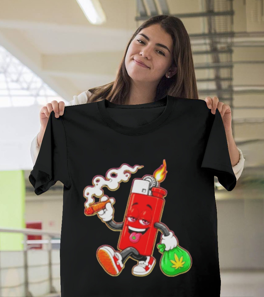 Flame Lighter And Smoking Joint With Cannabis Bag Cartoon T-Shirt