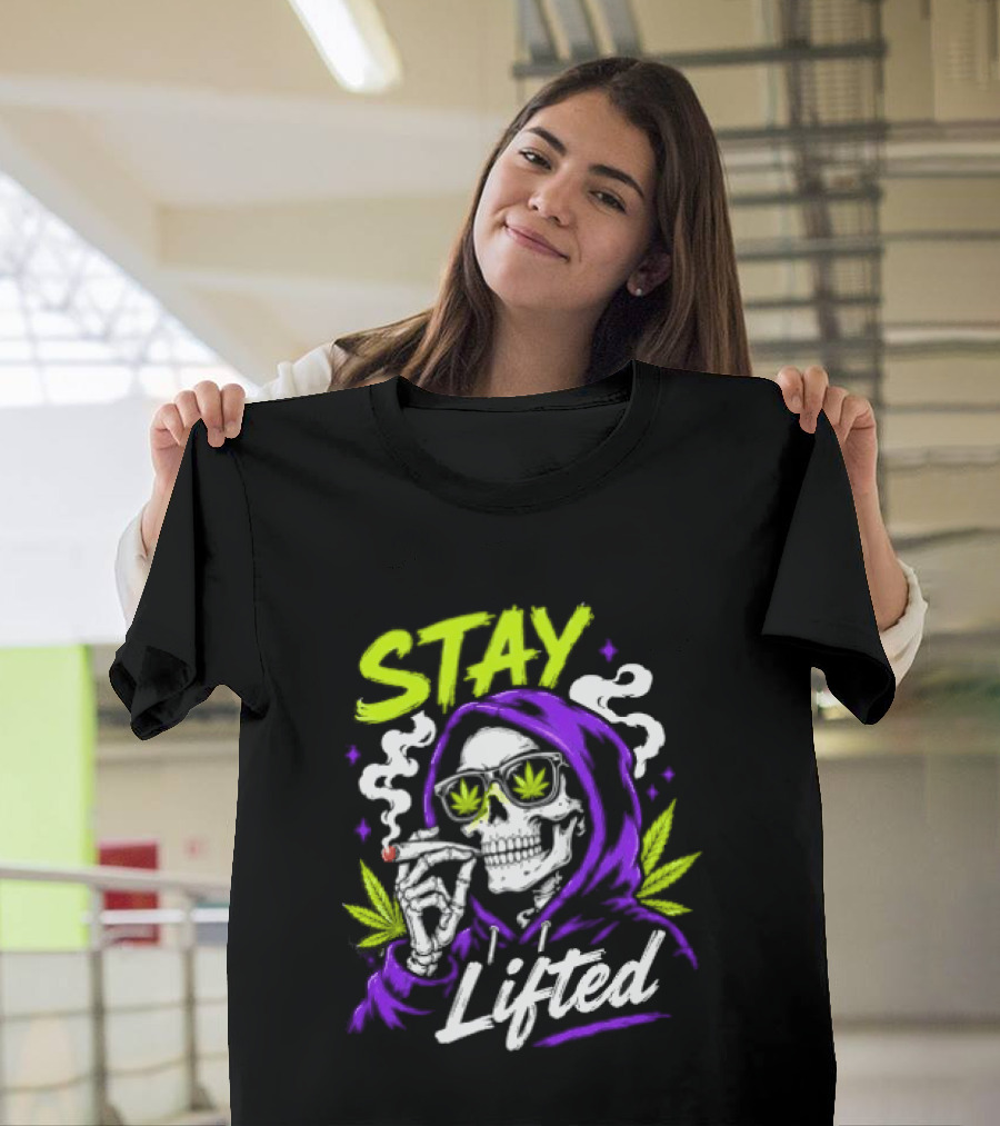 Stay Lifted Skeleton Smoking Weed Vapor Clouds Psychedelic T-Shirt