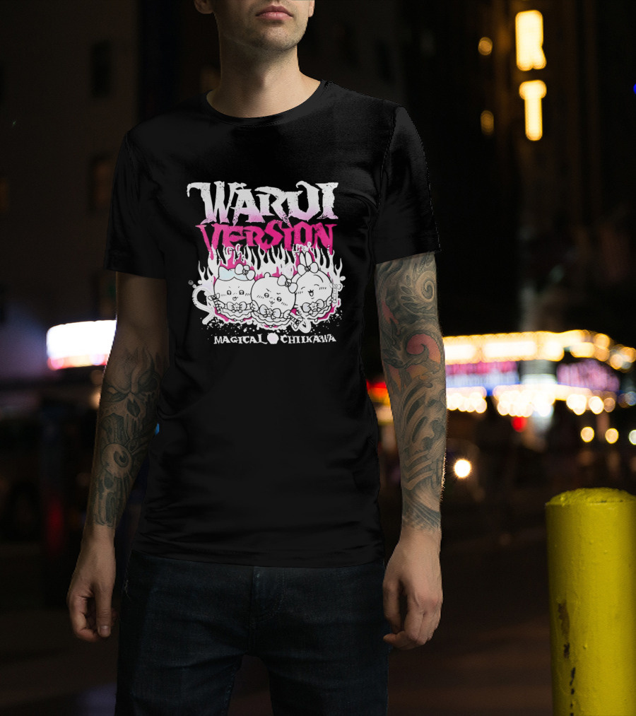 Warui Version Magical Chiikawa Characters In Fiery Pink And White T-Shirt