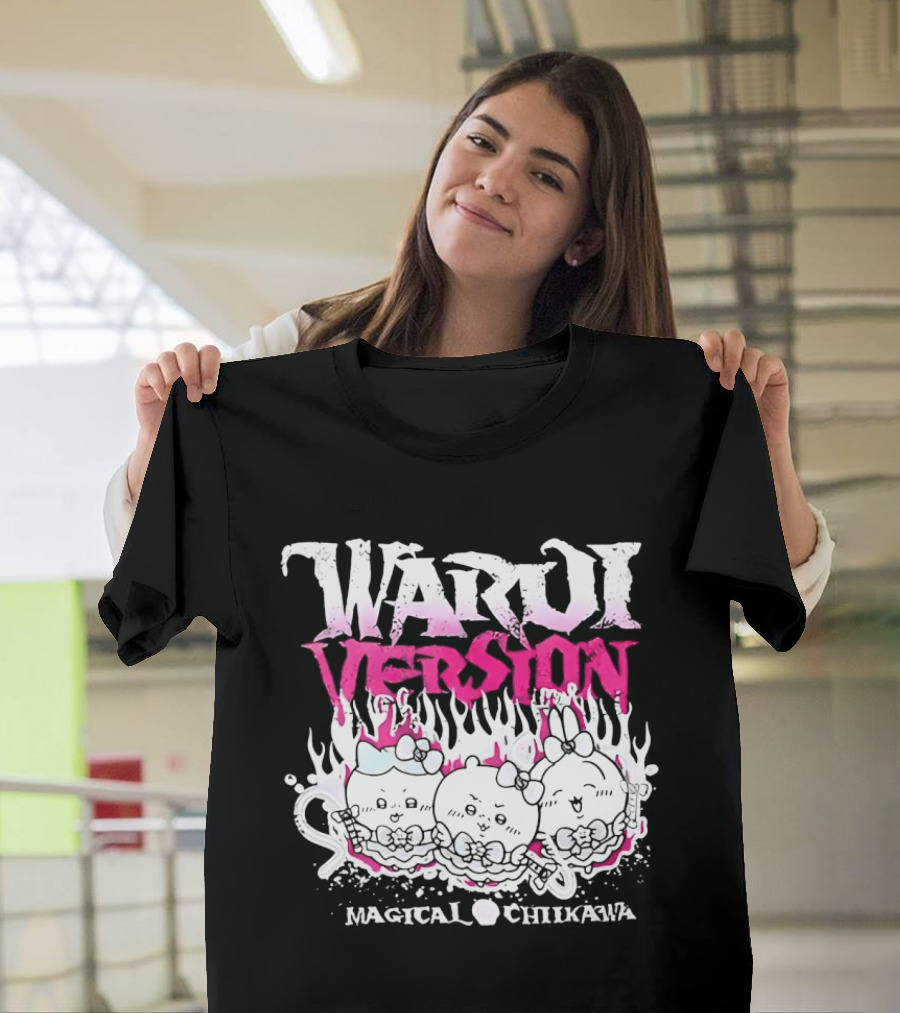 Warui Version Magical Chiikawa Characters In Fiery Pink And White T-Shirt