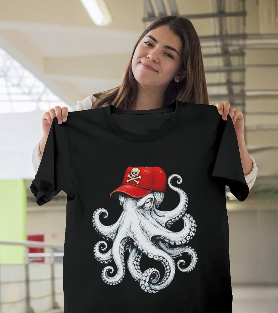 Octopus In Red Cap With Skull And Crossbones T-Shirt