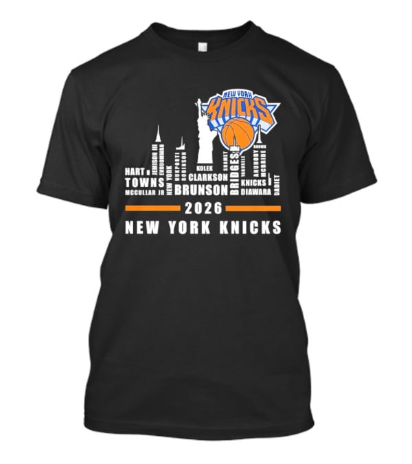 New York Knicks 2026 Jalen Brunson Mikal Bridges NBA Manhattan Skyline T-Shirt