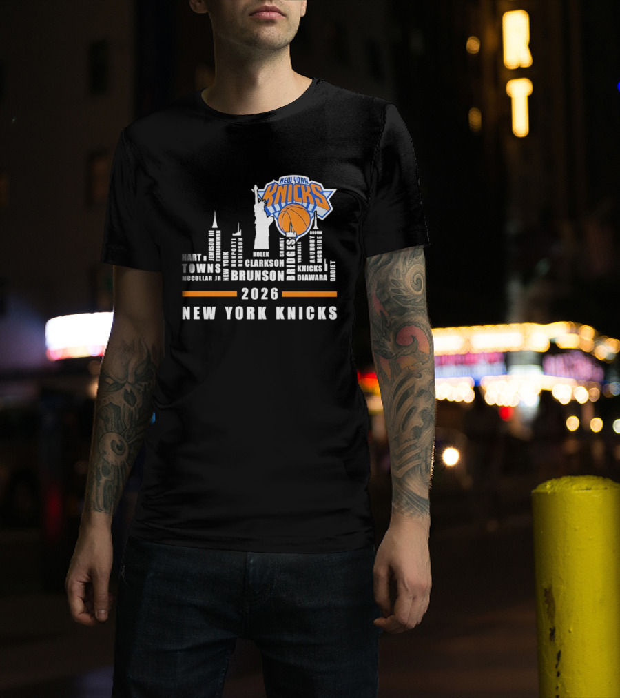 New York Knicks 2026 Jalen Brunson Mikal Bridges NBA Manhattan Skyline T-Shirt