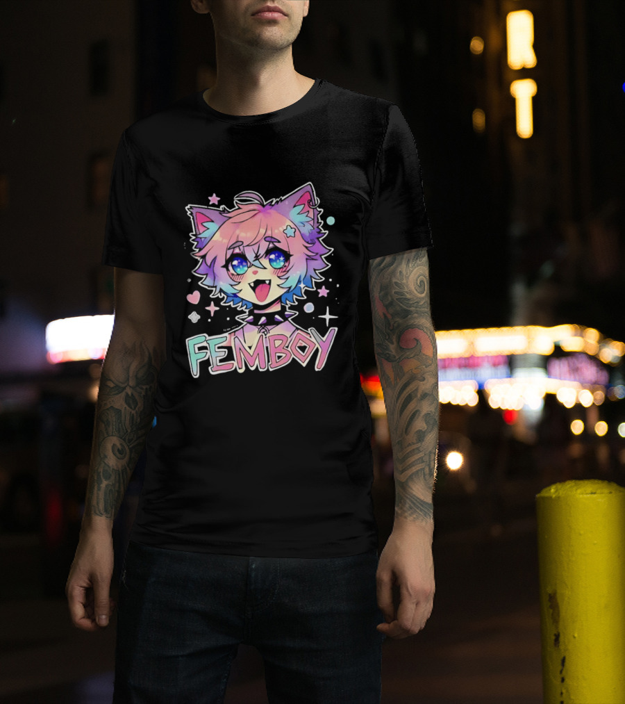 Femboy Catboy Nekomimi Anime Kawaii Pastel Sparkling Spiked Collar T-Shirt