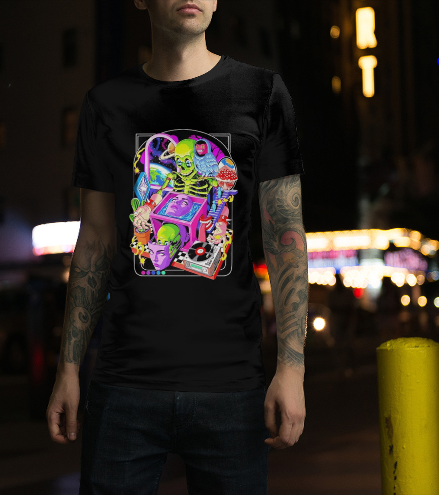 Green Skeleton Psychedelic Owl Surreal Heads Space Earth Trippy Mushrooms Record Player Adventure T-Shirt