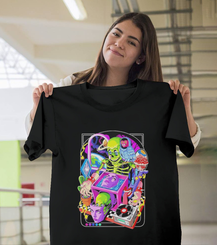 Green Skeleton Psychedelic Owl Surreal Heads Space Earth Trippy Mushrooms Record Player Adventure T-Shirt