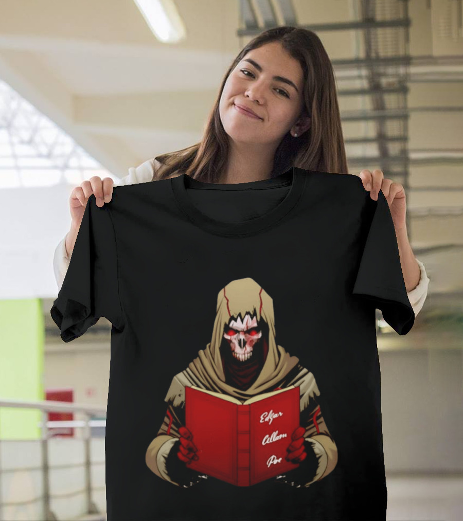 Grim Reaper Hooded Skeleton With Red Eyes Holding Edgar Allan Poe Book T-Shirt