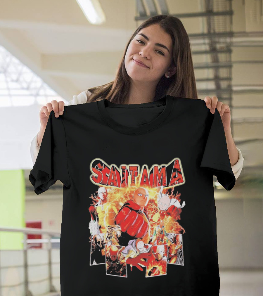 Saitama Hero Manga Character Collage With Lightning Fist T-Shirt