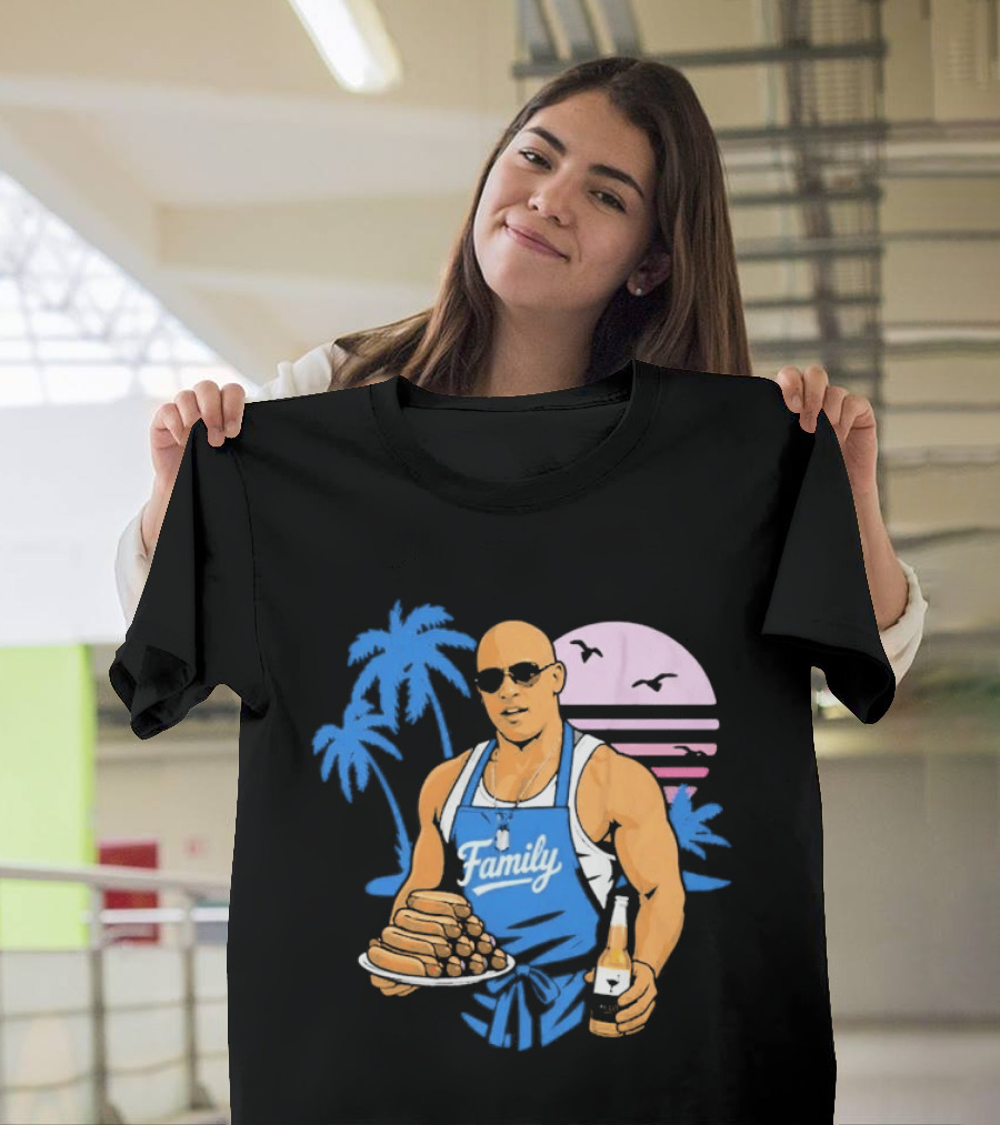 KCCO Family BBQ With Hot Dogs Palm Trees Sunset Birds T-Shirt