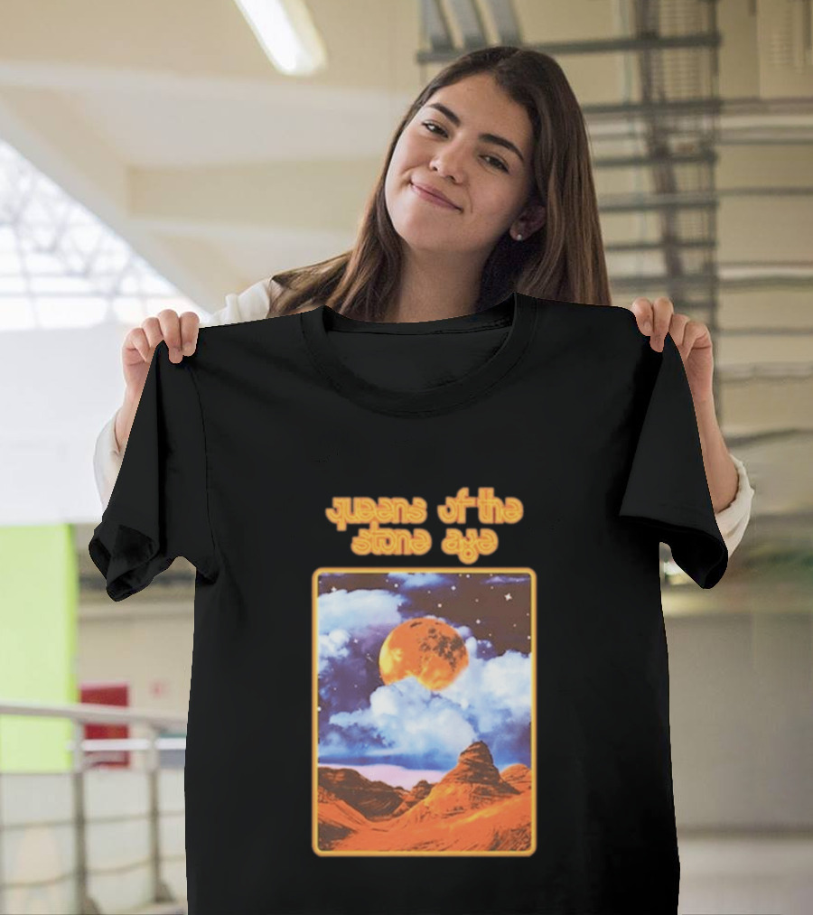 Queens Of The Stone Age Moon Landscape With Orange Cloudy Night Sky And Desert Scene T-Shirt